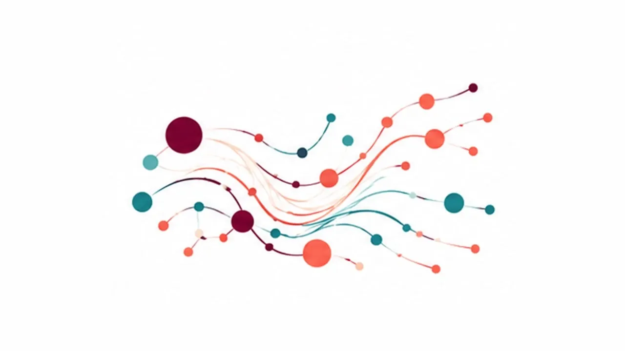 An organic network with varying node sizes and flows that branch out like a watercourse.