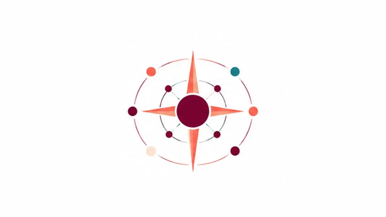 A large central node with compass-like symmetry and outward connections.