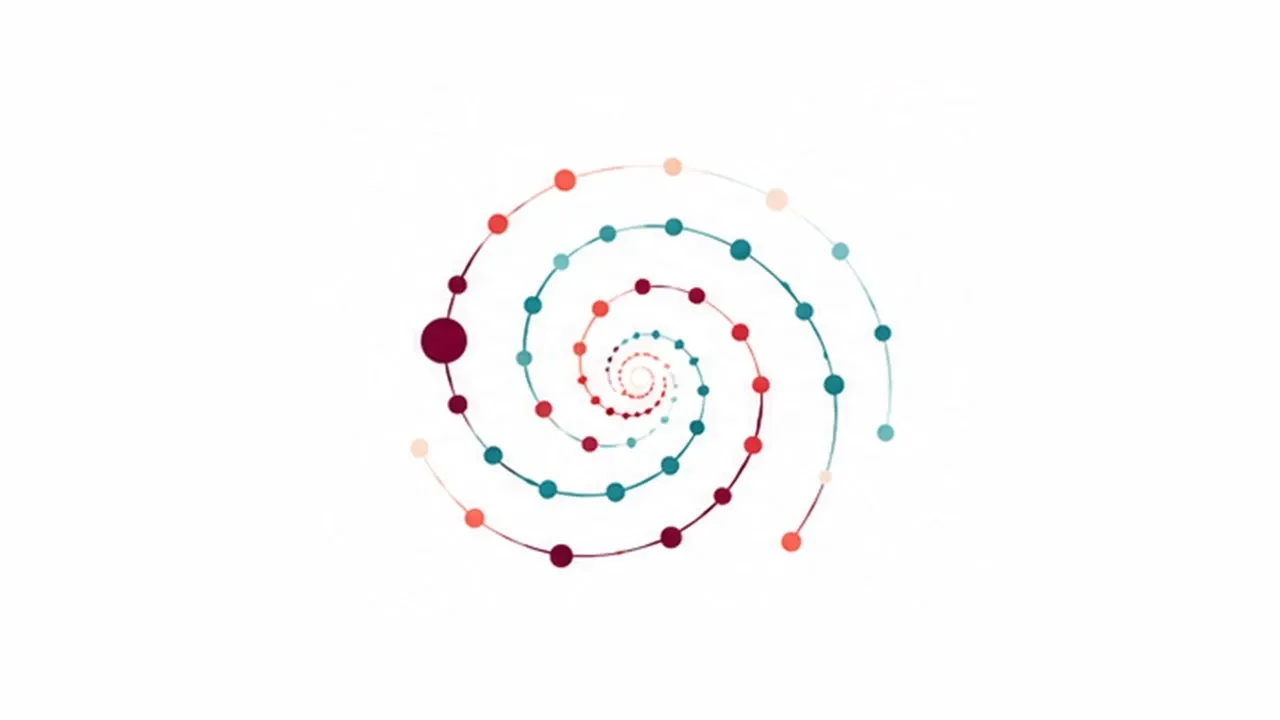 A spiral of nodes that expands outwards, illustrating the continuous development of knowledge.