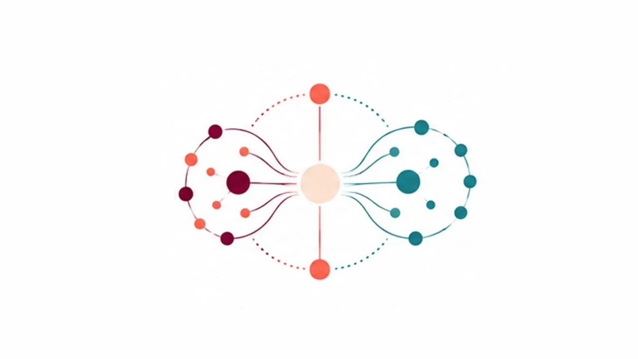 Two balanced networks that converge around a shared core. Symbolism of the compass and balance.