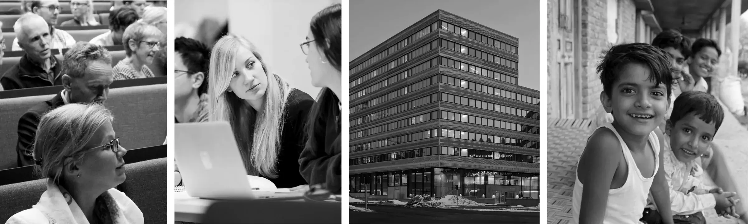 Collage of images of: research group leaders, students, Widerström building and children in Asia.