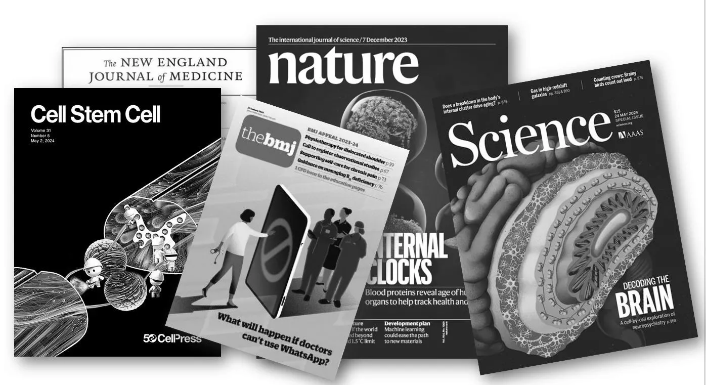 Collage med bilder av tidskriftsomslag: NEJM, Cell Stem Cell, BMJ, Nature och Science.