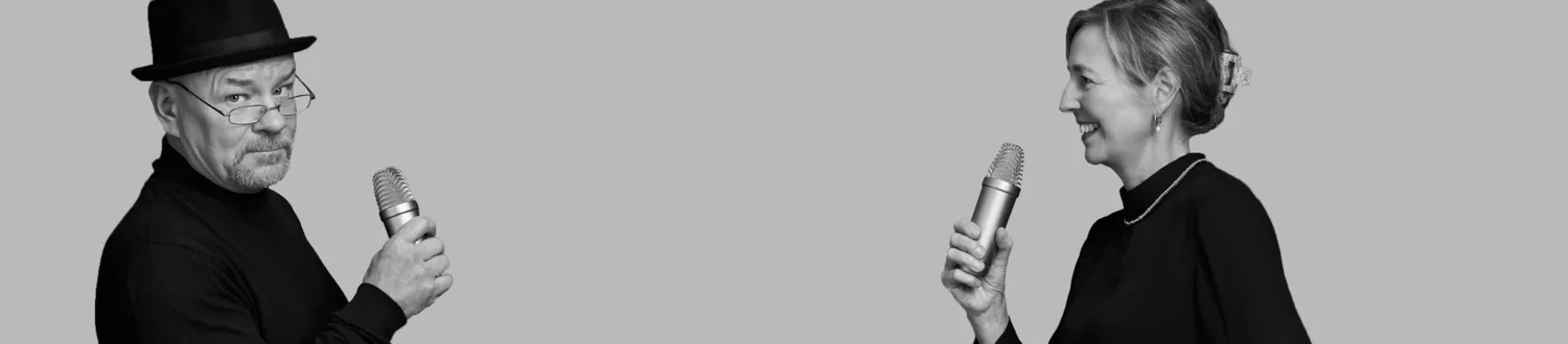 Portraits and a symbol for the podcast.