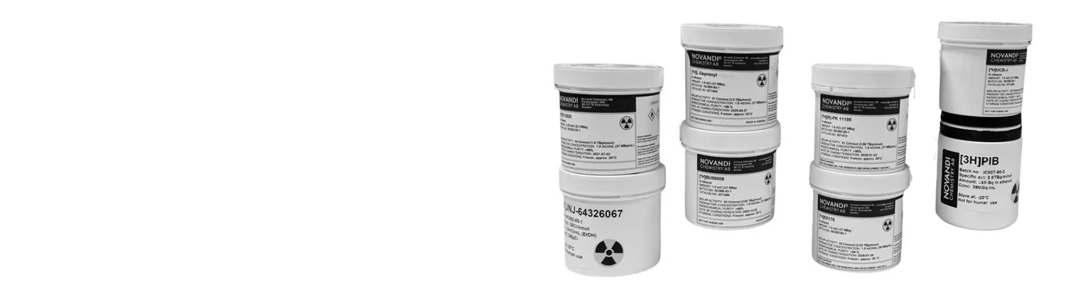 Plastic containers stacked on top of one another bearing the text ‘Novandi Chemistry AB’