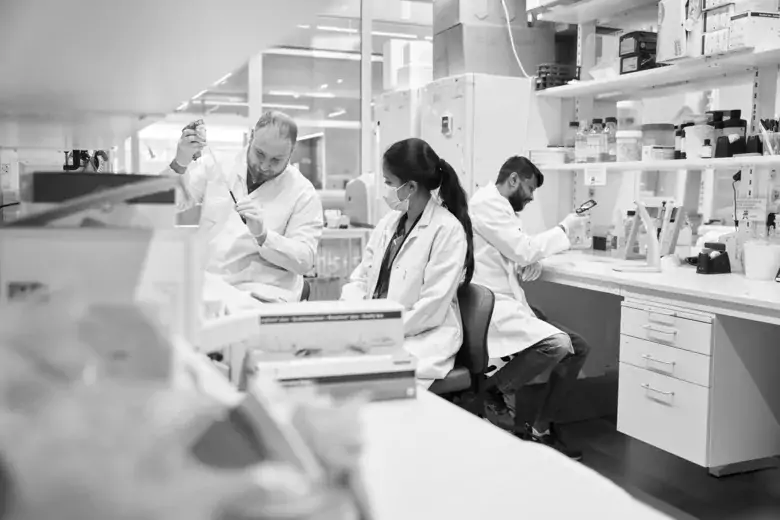 Three researchers sitting in a lab environment.