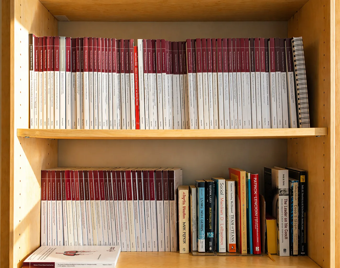 Bookshelf with doctoral theses and academic publications from the research group.