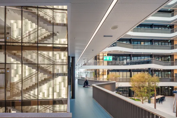 View over stairwell, corridor and atrium.