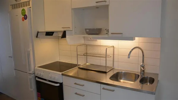 Picture of the kitchenette in studio apartment, KI Residence Flemingsberg.