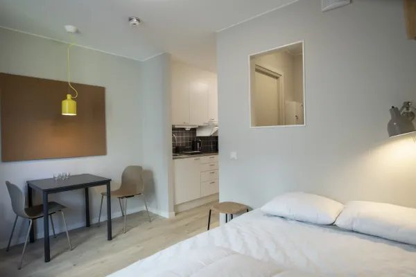 Room and kitchenette in a studio apartment, KI Residence Solna