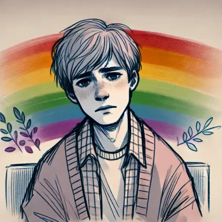 drawing of person in front of rainbow