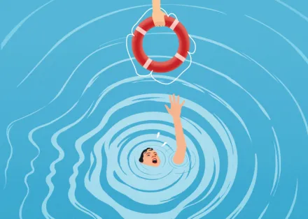 Illustration of a person in the water, almost drowning and reaching for a life saver.
