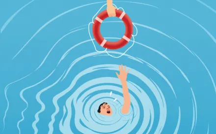 Illustration of a person in the water, almost drowning and reaching for a life saver.