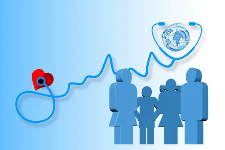 Illustration of a stethoscope around a globe, with silhouettes of people beside.