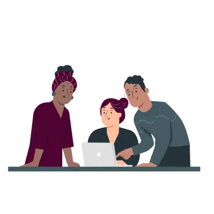 Illustration of three persons infront of a computer