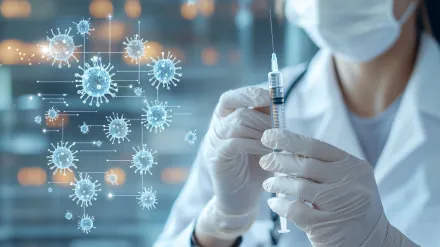 Genre image of a woman in a face mask holding a syringe.